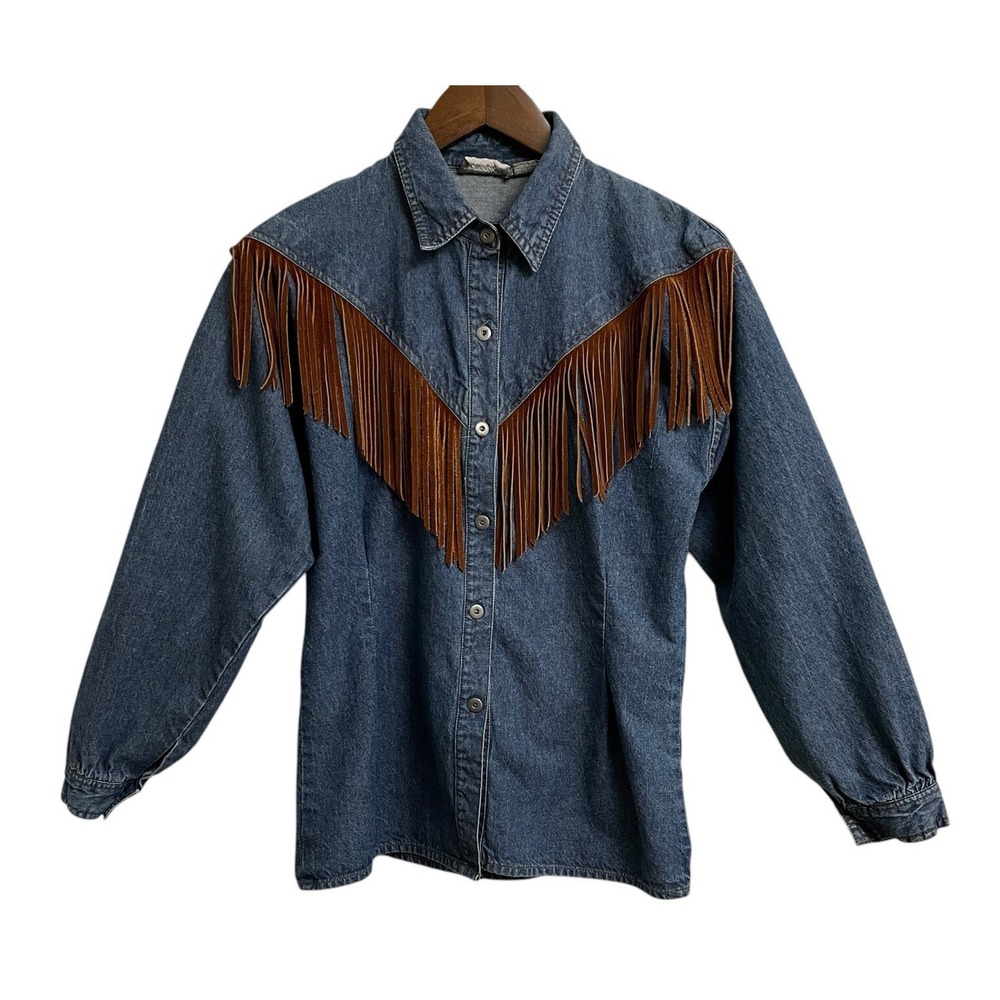 Amanico Western Leather Fringe Denim Shirt Women's Medium Blue Vintage Cotton